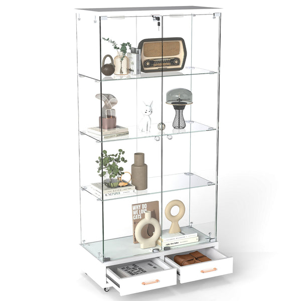 English Elm Modern Glass Display Cabinet With Led Lights & Drawers - Stylish 4-Shelf Storage For Any Room W241S00058