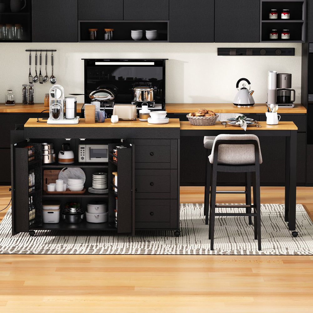 English Elm K&K 43.3" Kitchen Island with 27.6" Extendable Dining Table, Power Outlet, 7 Wheels, Ample Storage Black N707P303401B