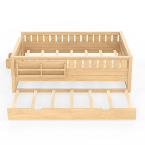 English Elm Queen Bunk Bed with Trundle Solid Pine Kids Car Themed Frame Built-in Bookshelf Light Natural W1580S00563