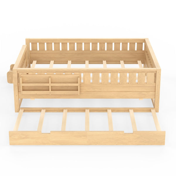 English Elm Queen Bunk Bed with Trundle Solid Pine Kids Car Themed Frame Built-in Bookshelf Light Natural W1580S00563