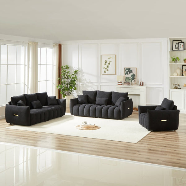 English Elm 1 Plus 3 3 Teddy Fleece Sofa Set with Pine Frame Seven Cushions for Living Rooms Black W1193S00183
