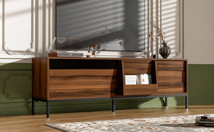 English Elm U-can Mid Century Walnut Media Console with Sliding Doors and Metal Frame for Living Rooms Brown N724P360370D