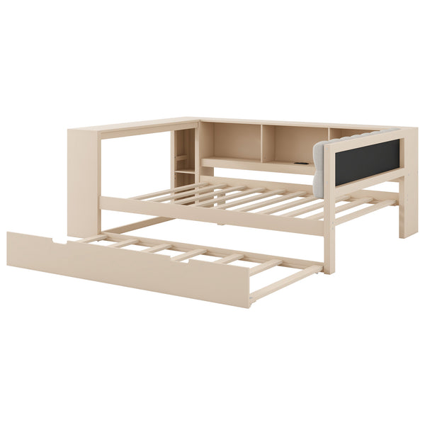 English Elm Wood Twin Platform Bed Linen Headboard Storage Shelves Trundle Charging Station Cream N709P004024C