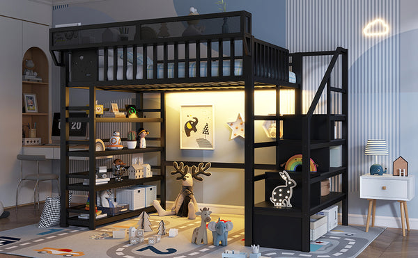 English Elm Full Metal Loft Bed with Stair Storage Rgb Lighting and Charging Station for Teens Black W2580S00074