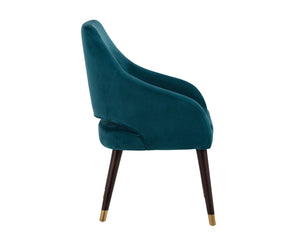 Sunpan Adelaide Dining Armchair - Modern Comfort with Elegant Sloping Arms and Antique Brass Accents Timeless Teal