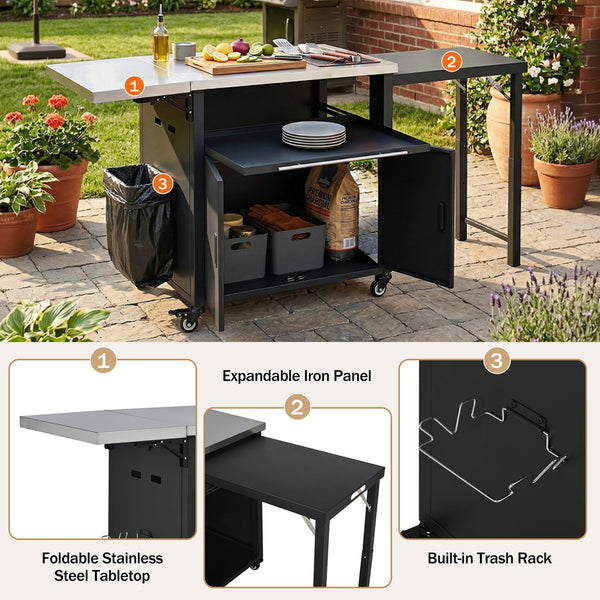 English Elm Outdoor Bbq Prep Cart Rolling Stainless Steel Grill Station with Foldable Work Surface Black N719P407404B