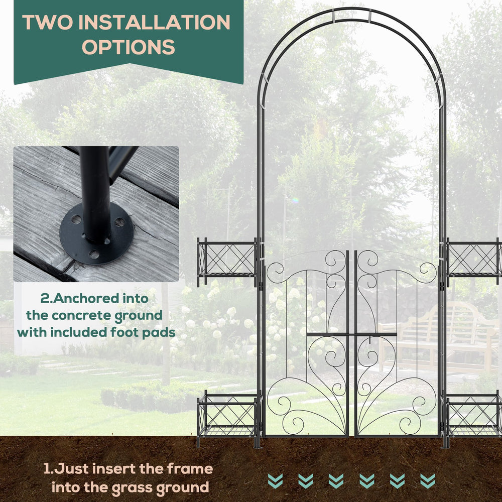 English Elm Outsunny 7' Garden Arch Arbor with Double Gate, Planters & Scrollwork Trellis for Vines, Black W2225P200806