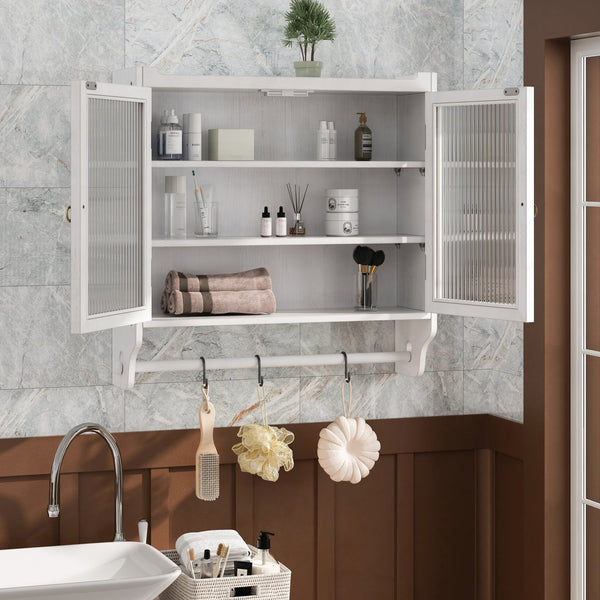 English Elm 24.8"Glass Rustic White Washed Double Door Wall Cabinet with 3 Shelves, Towel Rack, Solid Wood Storage W757P218128