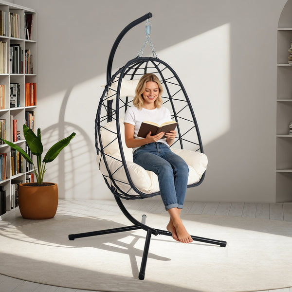 English Elm Hanging Egg Swing Chair Pe Wicker Ergonomic Cradle with Stand for Patio or Bedroom T5880P497556
