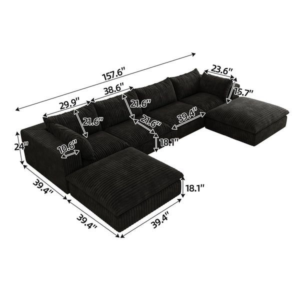 English Elm 157.6" Corduroy Modular Cloud Sofa Feather Fill Deep Lounge Seating for Living Room Black W2824S00184