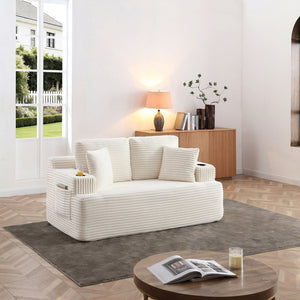 English Elm Boneless Floor Sofa Corduroy Upholstered 5 Seat Low Profile with Cup Holders for Living Room Beige W1117S00437