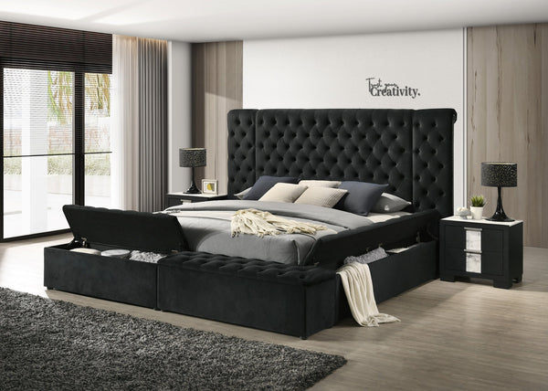 English Elm Modern Plush Tufted Headboard Queen Bed Frame with Concealed Storage, Luxurious Upholstery Centerpiece Black 40.5 L x 56.25 W x 9 H B2741S00043