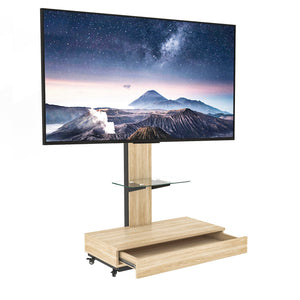English Elm Tv Rolling Cart with Swivel Mount Lockable Wheels Pull Out Drawer Iron Frame Natural W241P246882
