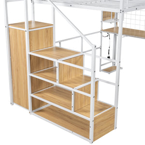 English Elm Full Full Size Metal Loft Bed with Built-In Desk, Wardrobe & Stair Storage, LED Lights, Space-Saving White GX000663AAK