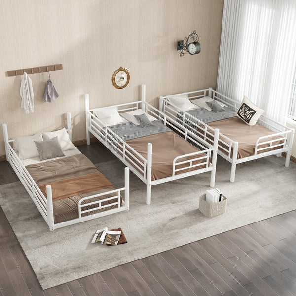 English Elm Twin Triple Metal Bunk Bed Matte Powder Coated Frame with Full Safety Guardrails Light White W1580S00579
