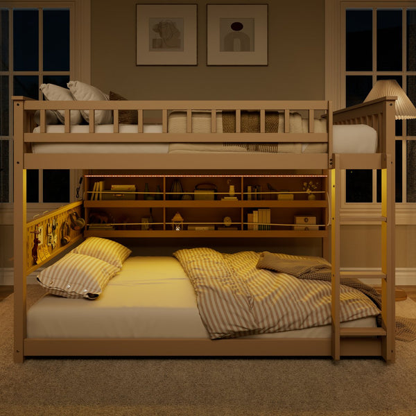 English Elm Full Over Bunk Bed with Led Lighting Pegboard Shelving and Pine Wood Frame Beige LT000278AAA