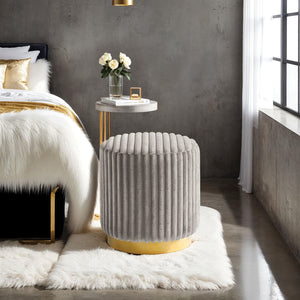 English Elm Gray Channel‑Tufted Round Accent Stool with Gold Stainless Steel Plinth Base, Plush Fur Fabric, 16" B2741P388368