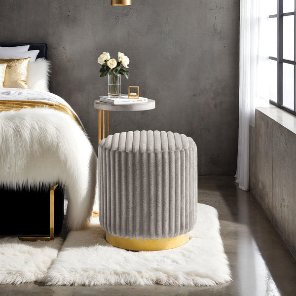 English Elm Gray Channel‑Tufted Round Accent Stool with Gold Stainless Steel Plinth Base, Plush Fur Fabric, 16" B2741P388368