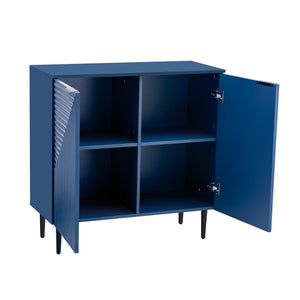 English Elm Mirod Lacquered Side Cabinet Geometric Door Panels Metal Legs Adjustable Interior Shelves Navy Blue N760P221050M