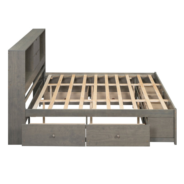 English Elm King Platform Bed with 8 Drawers Open Headboard Compartments and Pine Wood Frame Gray GX000454AAE-1