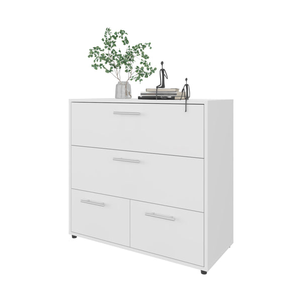 English Elm White Dresser with Four Spacious Drawers, Sleek Melamine Finish, Modern Handle Pulls, Compact Storage Solution B062P357519