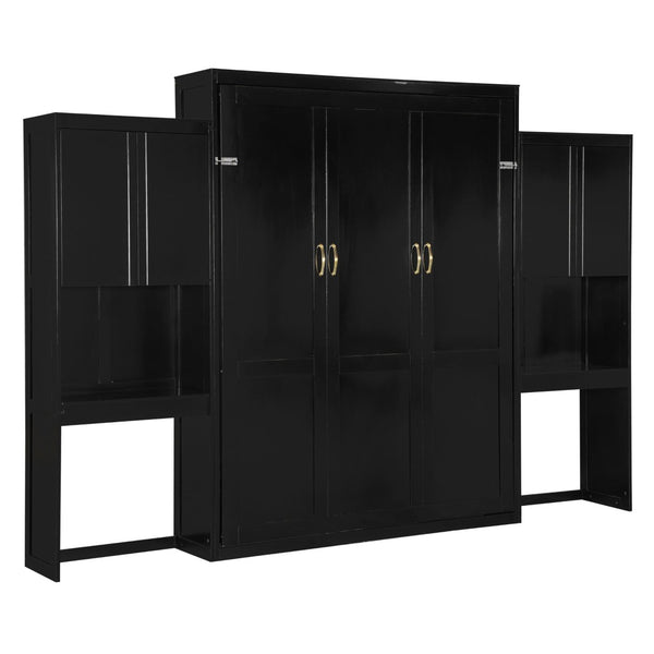 English Elm Queen Size Murphy Bed With Integrated Desk, Flip-Up Vanity & Storage Cabinets In Espresso Finish N820S10057P-GIGA