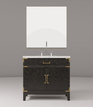 English Elm Black Oak Single Bath Vanity Set With Carrara Marble Top, 34" Mirror & Chrome Faucet For Elegant Style B2731S02219
