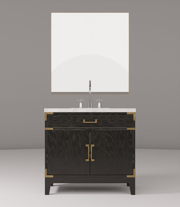 English Elm Black Oak Single Bath Vanity Set With Carrara Marble Top, 34" Mirror & Chrome Faucet For Elegant Style B2731S02219