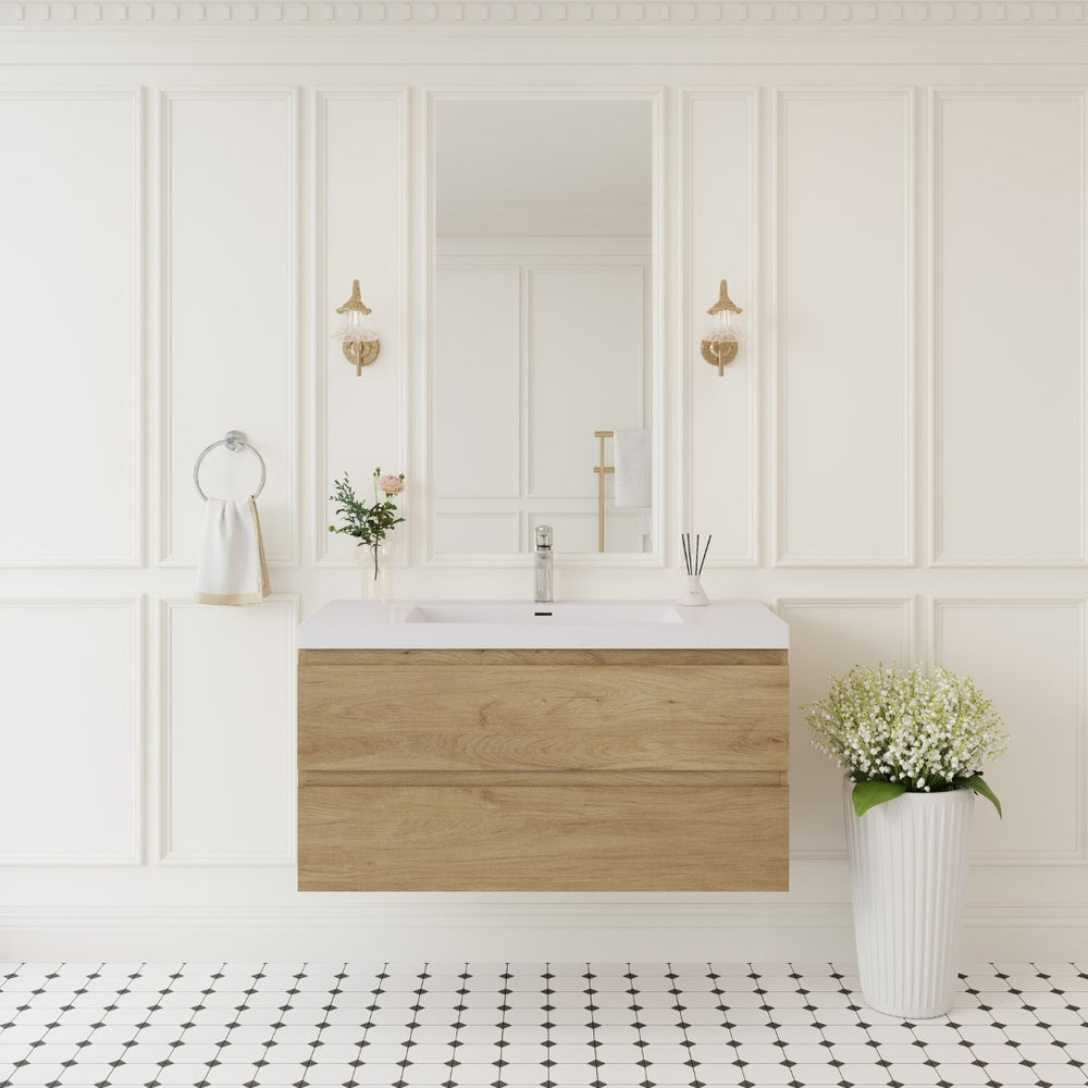 English Elm 42" Floating Bathroom Vanity Wall Mounted Ash Cabinet Soft Close Integrated Basin Oak W1573P152700