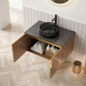 English Elm Arai 30" Modern Wall-Mounted Bathroom Vanity With Sink, Elegant Black Glass & Oak Storage Cabinet W2615S00311