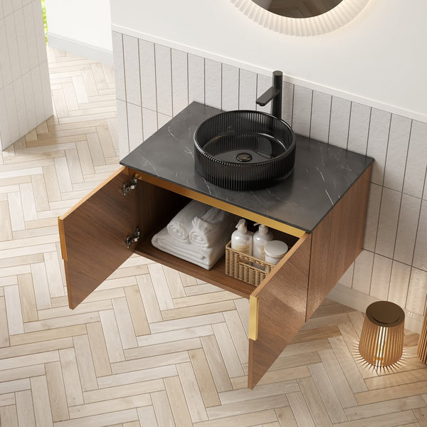 English Elm Arai 30" Modern Wall-Mounted Bathroom Vanity With Sink, Elegant Black Glass & Oak Storage Cabinet W2615S00311