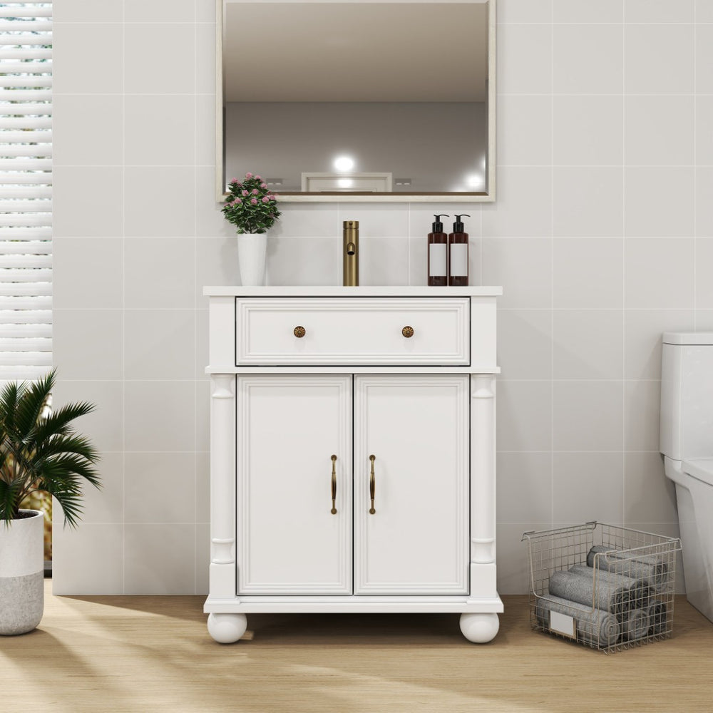 English Elm 27.8" Mid-century Freestanding Bathroom Vanity with Ceramic Sink Drawer and Wood Base White W1801S00006