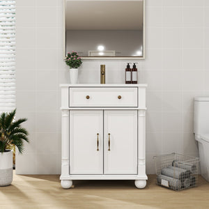 English Elm 27.8" Mid-century Freestanding Bathroom Vanity with Ceramic Sink Drawer and Wood Base White W1801S00006