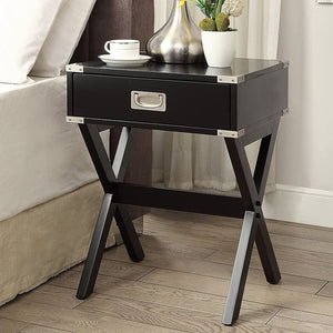 English Elm Side Table featuring Metal Corner Strapping and Flush Mount Drawer Pull for Stylish Accent Décor and Functionality Black B016P310483