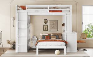 English Elm Full Solid Wood Loft Bed with Removable Lower Bed, Built-In Desk, Shelves & Wardrobe for Space-Saving Designs White W1580S00211