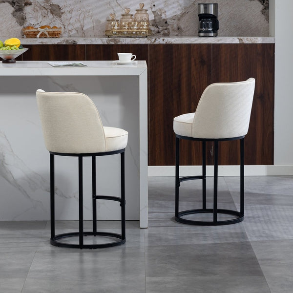 English Elm Counter Height Barstools Set of 2 Linen Upholstered Barrel Seat with Iron Legs Beige W395P410430