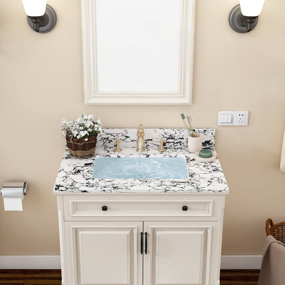 English Elm 31"X22" Bathroom Vanity Top With Undermount Sink, Panda White Artificial Marble, 3 Faucet Holes W509P362104