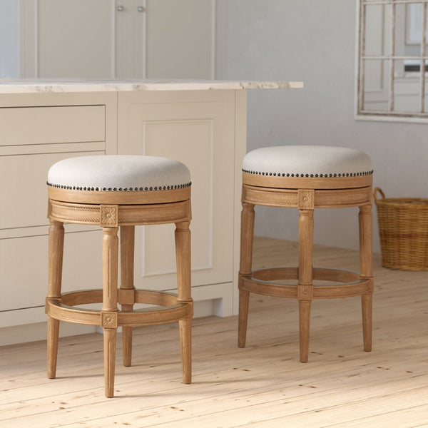 English Elm 31in. Swivel Barstool Faux Leather Seat Nailhead Trim Carved Walnut Frame Kitchen Bar Oak B2751P436441