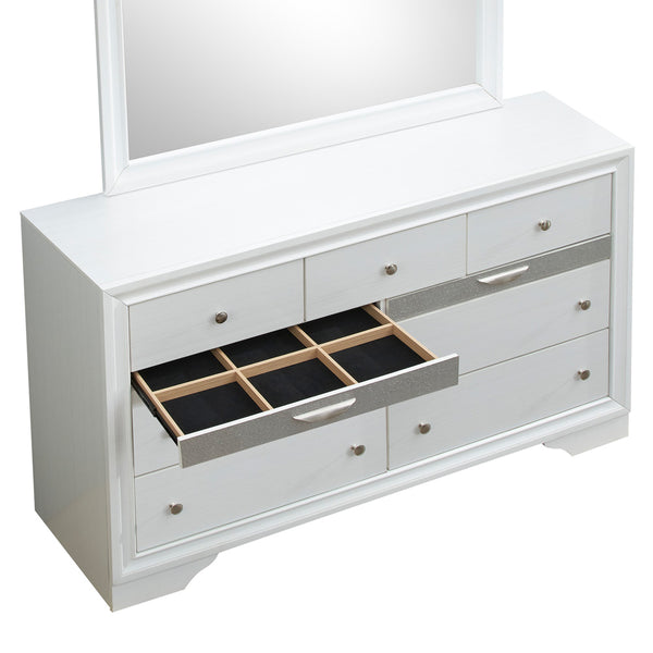 English Elm Madrid 6-Drawer Chest with Felt Lined Tray, Silver Acrylic Trim & Nickel Handles for Modern Storage White 43 L x 66 W x 20 H B078P286064