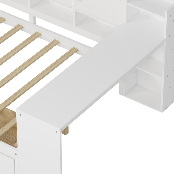 English Elm Full Full Size Wooden L-Shape Daybed with 7 Cabinets, 2 Drawers, Desk & Bookshelf — Space-Saving White N733S351674K