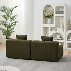 English Elm Two Curved Chenille Sectional Sofa with Sculptural Modular Design and Four Throw Pillows Green W834S00577