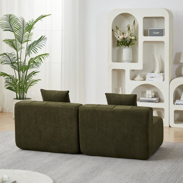 English Elm Two Curved Chenille Sectional Sofa with Sculptural Modular Design and Four Throw Pillows Green W834S00577