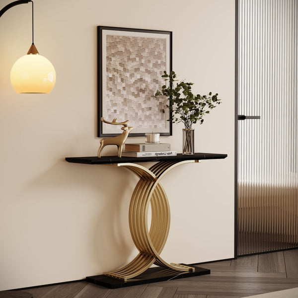 English Elm Accent Console Table Sculptural Black Gold Metal Legs Slim Entryway Hallway Decor W2263P395488