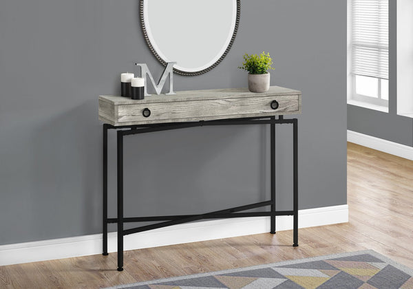 English Elm Accent Table Rustic Wood-Look End Table with Black Metal X Base, Nightstand with Drawer for Living Room Grey 52 L x 15 W x 6 H B2710P219290