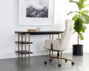 Sunpan Levigne Modern Geometric Desk with Black Iron Shelving & Antique Brass Legs – Chic Office Furniture