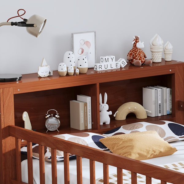 English Elm Twin Bed With Walnut Finish, Headboard Storage, Two Under-Bed Drawers & Safety Guardrails For Kids N733P272374D-GIGA