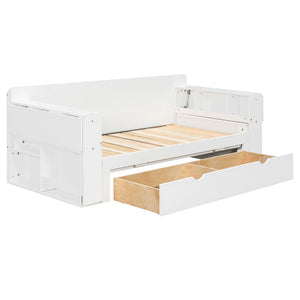 English Elm Full Size Daybed with Hydraulic Desk Armrests Storage Drawer and Sofa Seating White LT000271AAK