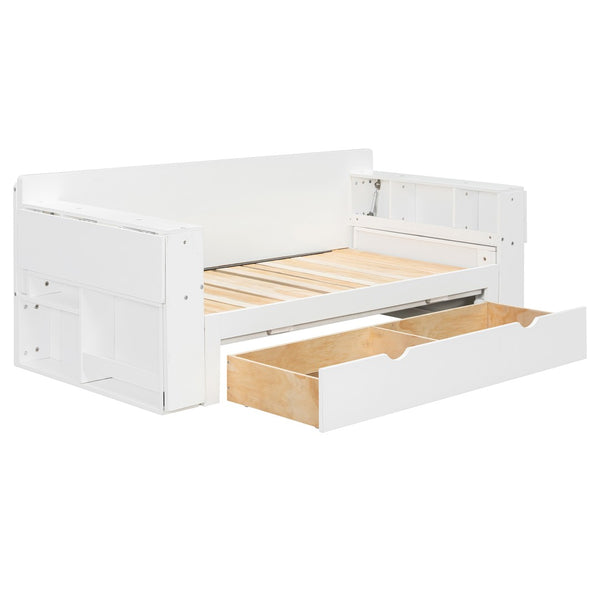 English Elm Full Size Daybed with Hydraulic Desk Armrests Storage Drawer and Sofa Seating White LT000271AAK