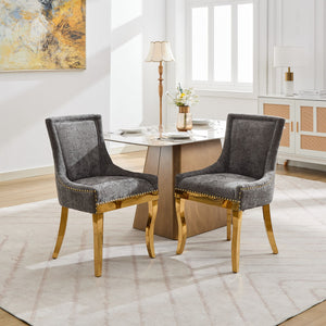 English Elm Chenille Plush Dining Chair with Curved Gold-Plated Legs, Rivet Trim, Textured Upholstery Comfort Gray W1143P332686