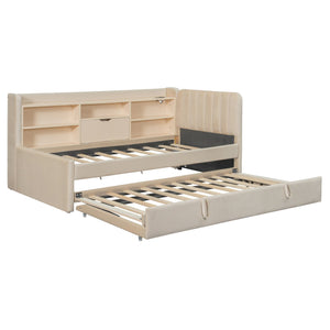 English Elm Twin Upholstered Daybed with Pull-Up Trundle, Velvet High Back with Shelves, Flip Storage & USB Beige SF000194AAA